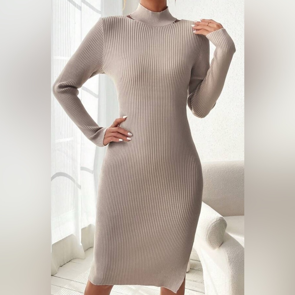 Elegant Mauve Ribbed Knit Dress